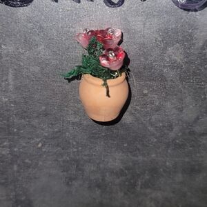 Miniature Clay Vase with Pink Flowers